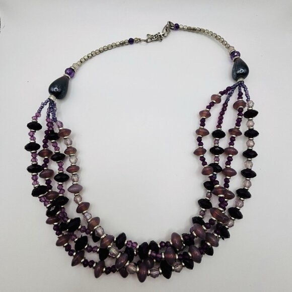 Purple Silver Tone Bead Multi Strand Necklace 22” - Picture 1 of 5